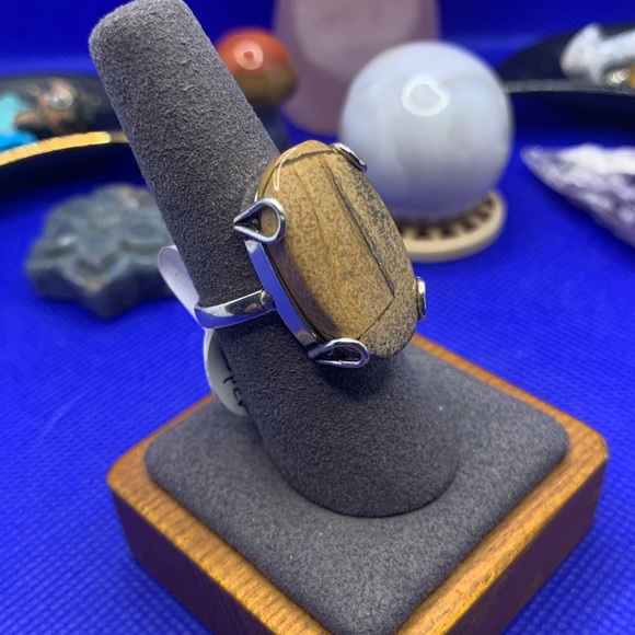 Excellent Picture Jasper Wood-Grained Ring! .925 Sterling Overlay, Size 8.75 - Picture 3 of 13